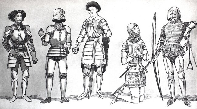 Clothing, fashion, knightly costumes in the late Middle Ages, from left, Burgundian armour with plate armour over chain mail and beret, c. 1450, a Burgundian suit of armour c. 1425, an English suit of armour in the 15th century, an English suit of armour with chain mail, chain bonnet and over splints, in the 14th century, a French mounted and armoured archer, digitally enhanced reproduction of a 19th century illustration