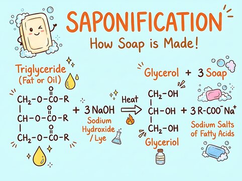 Chemical reaction diagram explaining the saponification process for making soap from triglycerides with triglyceride reaction glycerol production fatty acids sodium hydroxide chemistry diagram