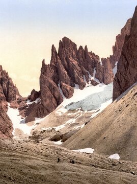 The mountain F&uuml;nffingerspitze, Punta delle Cinque Dita, South Tyrolean Dolomites, formerly Austro-Hungary, today Italy, c. 1890, Historic, digitally restored reproduction from a 19th century original The mountain F&uuml;nffingerspitze, Tyrol, former Austro-Hungary, today Italy, 1890, Historic, digitally restored reproduction from a 19th century original