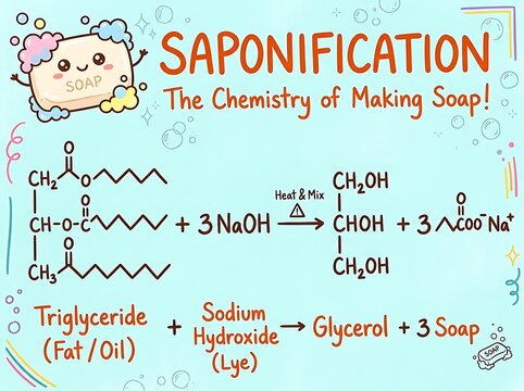 Educational infographic illustration explaining saponification chemistry and how soap is made from triglycerides and sodium hydroxide with soap making chemical reaction fat and oil science educatio