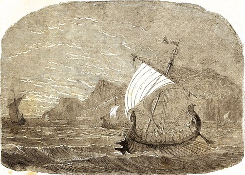 We sailed under Cyprus, off Sicily and Pamphylia and towards wind in Lycia, the Acts of the Apostles, chapter 27, verses 4ff, New Testament, adverse winds, headwinds, sailboats, rowers, high waves, swell, coast, ancient ships, full sails, strong wind, Bible, historical illustration 1850