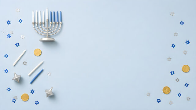 Hanukkah flat lay background with menorah, dreidels, chocolate coins and blue Star of David confetti with copy space
