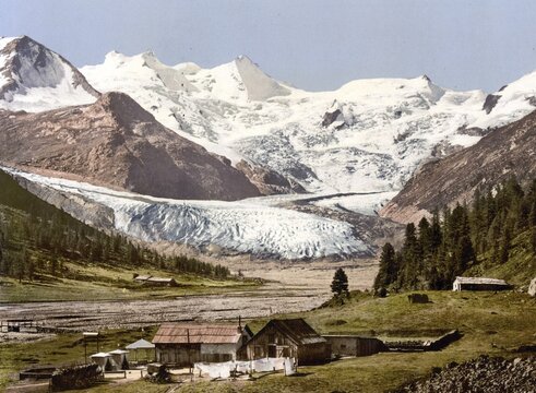 Upper Engadine, Roseg Glacier and Hotel, Graubuenden, Switzerland, Historic, digitally restored reproduction from a 19th century original, Record date not stated