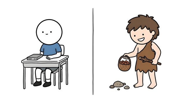 Illustration comparing modern student at desk with prehistoric caveman gathering rocks digital art stone age early human schoolboy evolution comparison education