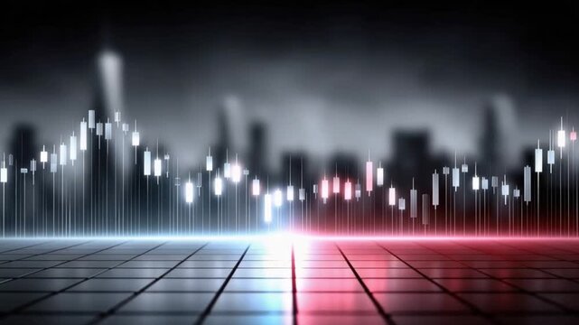Abstract cityscape at night with glowing financial chart overlay, representing economic growth and urban development. ..Created with Generative AI, not depicting real subjects.