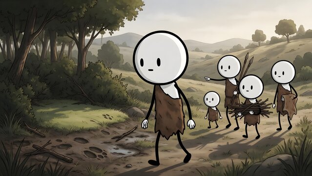 Group of prehistoric cartoon characters walking together along a path in a green landscape with prehistoric people stone age primitive family ancient travelers nature scene migration prehistoric