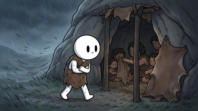 Primitive cartoon character walking away from a shelter during a dark rainy night with cartoon person shelter entrance stone age lonely figure bad weather prehistoric scene primitive character