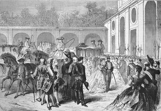 Wedding of the Infanta Maria Isabella d'Orleans-Montpensier, Infanta of Spain and Count Louis Philippe Albert d'Orl&eacute;ans, comte de Paris, 30 May 1864, France, Historic, digitally restored reproduction of a 19th century original, exact original date unknown