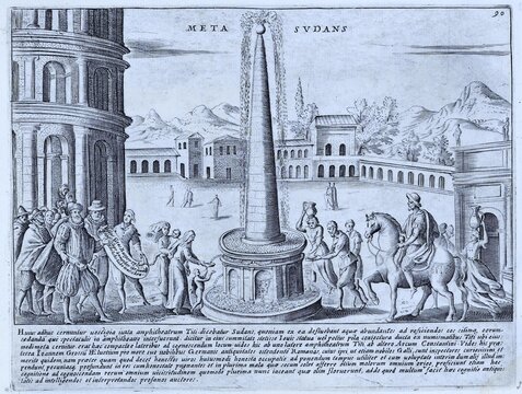 The Meta Sudans was a large fountain that stood near the Colosseum, historic Rome, Italy, digital reproduction of an original 17th century design, original date unknown