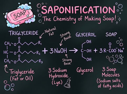 Detailed organic chemistry chart explaining the saponification process of making soap from triglycerides and lye on a dark background with sodium hydroxide fatty acids chemical reaction glycerol
