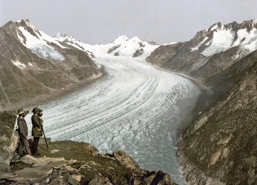 Eggishorn, Gro&szlig;er Aletschgletscher, mit Jungfrau, M&ouml;nch und Eiger, Wallis, Alpen von, Schweiz / Eggishorn, Grand Aletsch Glacier, with Jungfrau, Monch and Eiger, Valais, Alps of, Switzerland, Historic, digitally restored reproduction from a 19th century original, Record date not stated