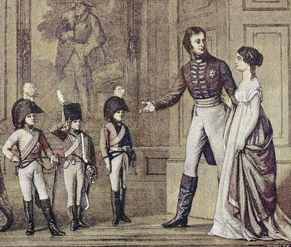 On Christmas Eve in 1803, Frederick William III presented the Crown Prince in the uniform of the Garde du Corps, Prince William in the uniform as a hussar and Prince Frederick Louis as a dragoon in the uniforms given to him at Christmas, Germany, digitally restored reproduction of an original from the 19th century, exact original date unknown