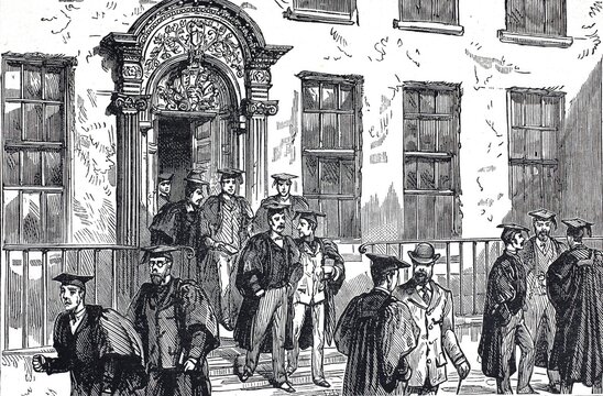 University of Durham in 1880, Durham University, the Bishop Cosin's Hall, Students coming from the lecture, University in the city of the same name in the North East of England, Historical, digitally restored reproduction from a 19th century original, Record date not stated