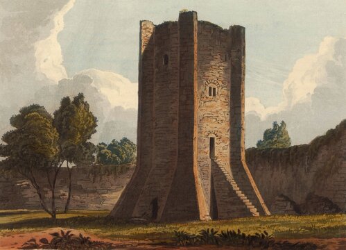 Watchtower of Conisbrough Castle, medieval fortress in Conisbrough, South Yorkshire, England, originally built in the 11th century by William de Warenne, Earl of Surrey, after the Norman Conquest of England in 1066, c. 1850, after a painting by Theodore Henry Adolphus Fielding, digitally enhanced reproduction, historical, exact date unknown