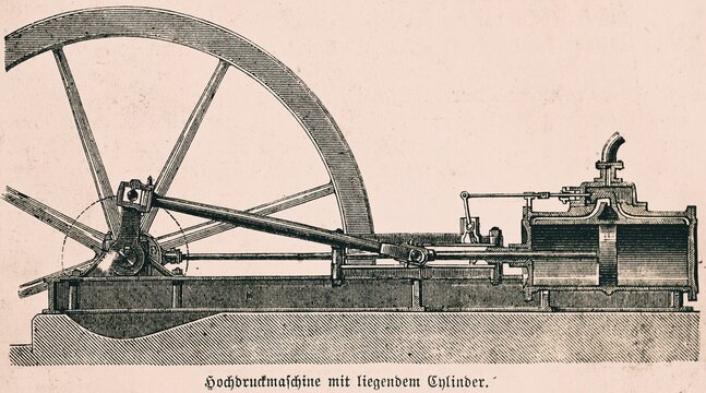 High-pressure engine with horizontal cylinder, improved efficiency, wheel, slide valve box, slide valve, pressure, construction, industry, technology, inventions in the 19th century, historical illustration 1872, Germany