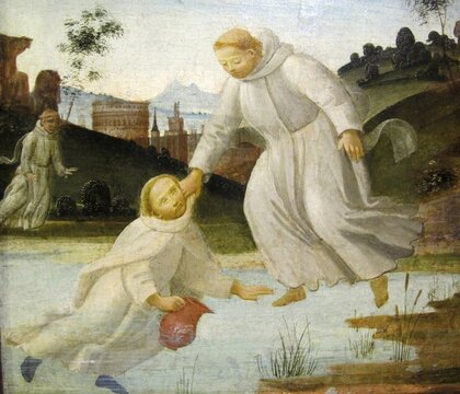 From the Legend of St Benedict Maurus, commissioned by Benedict, saves Placidus from drowning, Painting by Bartolomeo di Giovanni, 1488, Historical, digitally restored reproduction from a 19th century original, Record date not stated