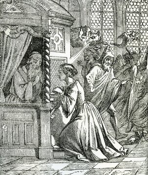 Young girl confessing in confessional, devil and seducer lurking around her, engraving, 19th century