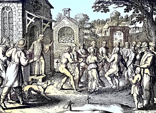 Digitally restored, Religious erotic dance epidemics, dancing mania, also known as dancing plague, choreomania, was a social phenomenon that occurred primarily in mainland Europe between the 14th and 17th centuries, publication from the year 1882, Digitally improved:, Religious erotic dance epidemics, dancing mania, also known as dancing plague, choreomania, was a social phenomenon that occurred primarily in mainland Europe between the 14th and 17th centuries, publication from the year 18