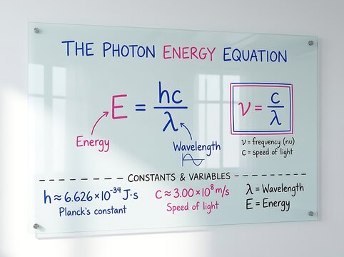 Photon energy equation diagram displayed on a professional glass whiteboard with physics equation science chart quantum physics planck constant physics formula scientific notation light energy