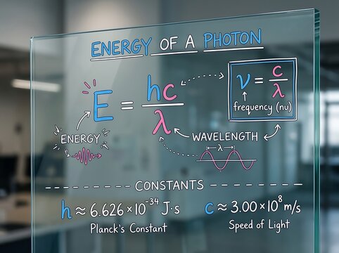 Photon energy equation written on a glass whiteboard in an office or lab setting with physics equation quantum physics planck constant speed of light scientific formula physics study