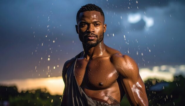 Resilience and inner strength muscular man standing in heavy rain with determined expression and wet skin during a storm at sunset Perseverance and mental toughness in challenging conditions