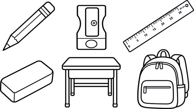 Back to school stationery icon set featuring line art vector illustrations of a pencil sharpener ruler eraser desk and backpack