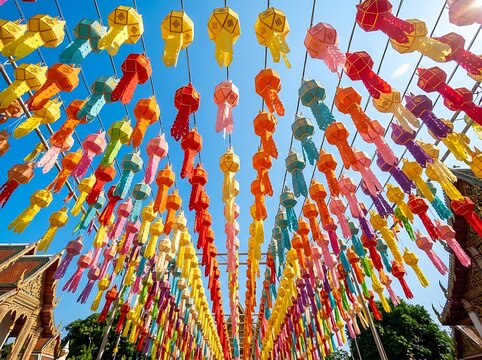 Colorful traditional lanterns hanging against blue sky during yi peng festival in thailand with thai festival loy krathong chiang mai festival decoration asian culture cultural event asia travel