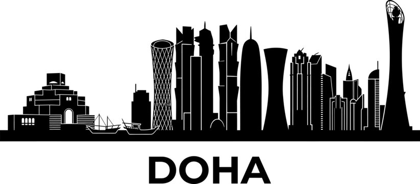 Modern Doha Qatar skyline silhouette graphic for travel marketing and