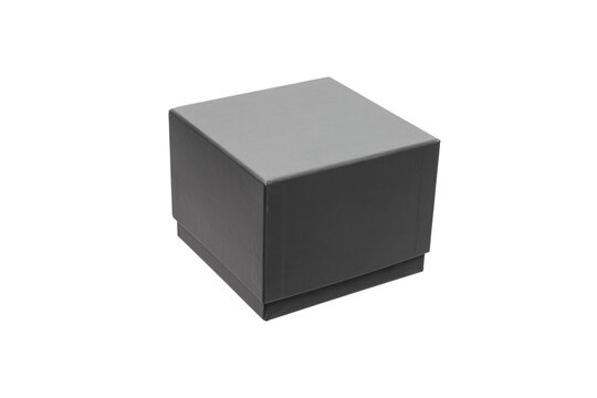 Closed black cardboard gift box isolated on white back