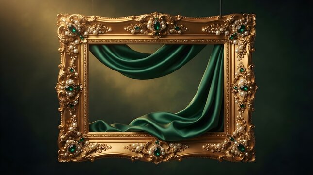 Elegant ornate gold picture frame with draped emerald green silk fabric showcasing a textured background