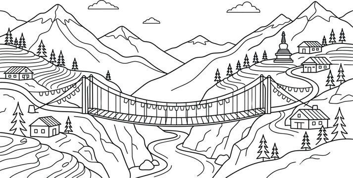 Detailed mountain landscape vector coloring page featuring suspension bridge over deep canyon river valley