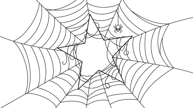 Intricate spider web vector graphic illustration featuring a small creepy arachnid hanging on threads