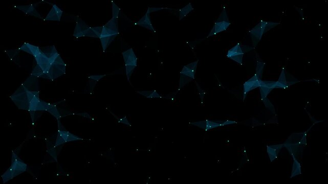 Blue triangular polygon mesh with connected glowing nodes on black animation