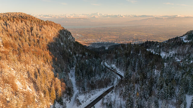 Aerial view of the Mont Blanc with snow-covered pine forests in the foreground, a winding mountain road, and distant snow-capped alpine peaks under golden hour light in Gex, France.