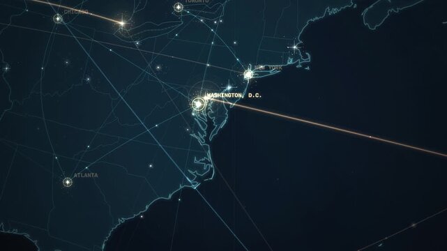 Digital map of North America with luminous network routes and city nodes animation loop