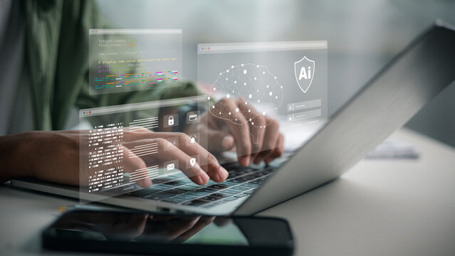 Man hands typing on laptop with AI cybersecurity. artificial intelligence brain icon. software code overlay. programming. and data protection concept.