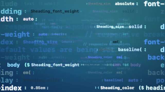 Blue web styling code and layered programming text on cyan background animation loop