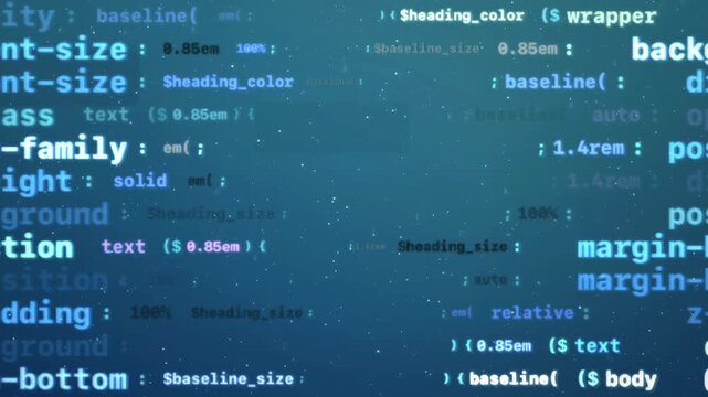 Dense blue programming text and web styling terms in perspective animation loop