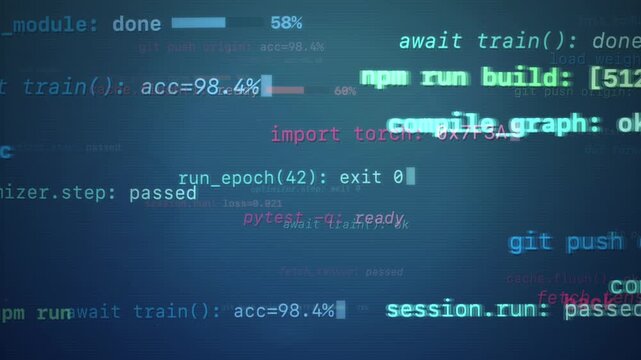 Blue and green programming terminal text with build and training status animation loop