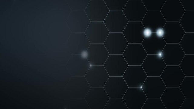 Silver hexagonal grid with bright white nodes and left copy space animation