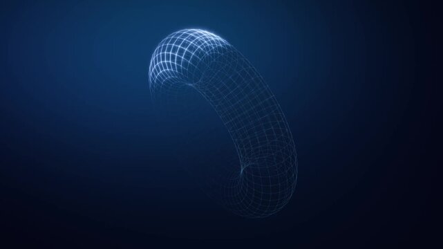 Blue luminous wireframe torus with curved three dimensional mesh animation