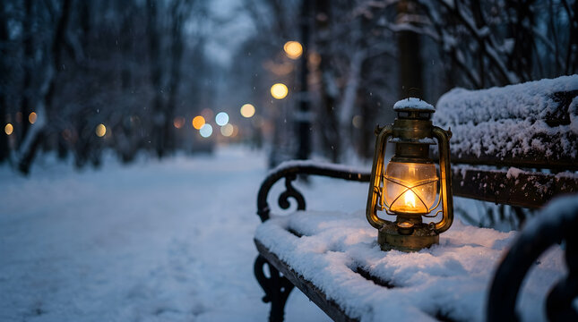 Vintage brass lantern glowing on a snow covered park bench during a