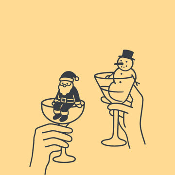 Minimalist line art illustration of santa and snowman in cocktail glasses with christmas cocktail celebration minimalist illustration seasonal character monochrome greeting nightlife