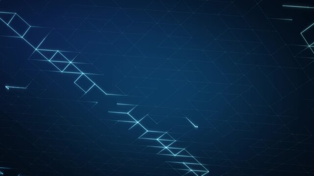 Cyan zigzag ribbon of connected triangles on blue background animation loop