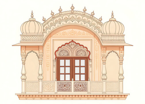 Grand traditional Indian haveli window ornament, front-facing symmetrical design, ornate floral arch, carved sandstone details, decorative balcony railing, twin ornamental columns, elegant domed crown