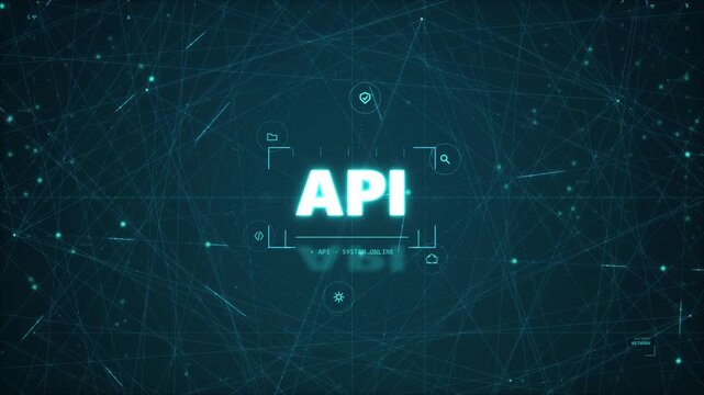 Glowing API letters surrounded by cyan network connections animation loop