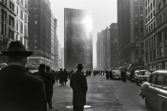 People gazing at a mysterious, large rectangular structure dominating a retro city street