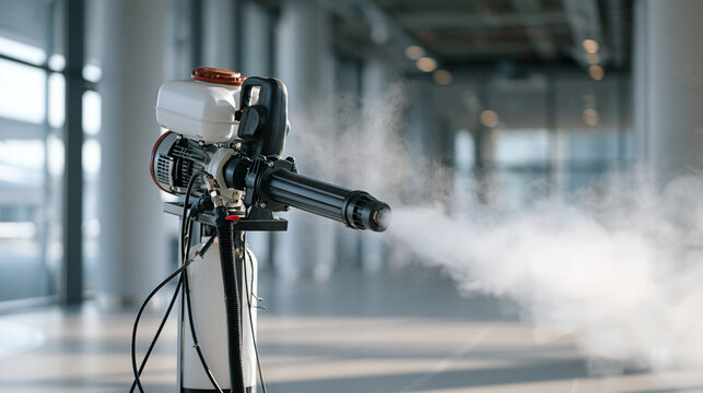 sanitizing concept featuring a disinfectant fogging machine creating a fine mist inside a modern room, professional disinfection, sanitation technology, aerosolized cleaning,