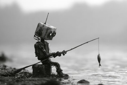Old robot sitting by the water fishing, showing solitude and contemplation in monochrome