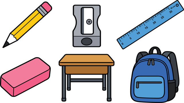 Colorful back to school stationery icon set featuring cute vector illustrations of a yellow pencil sharpener ruler eraser desk and backpack